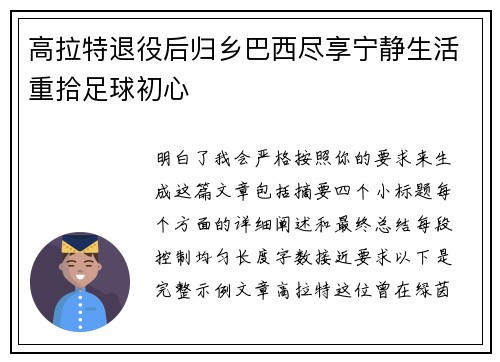 高拉特退役后归乡巴西尽享宁静生活重拾足球初心 高拉特退役后归乡巴西尽享宁静生活重拾足球初心